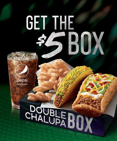 Taco bell $5 box menu 2022 - Steak Fajita Taco Combo. 5. Mixed Fajita Taco Combo. Your choice of Two Tacos, chips & queso and a 20 oz. drink. Also available as Loaded Tacos. Final price is based on taco choices. 6. Bean & Cheese Taco Combo. Two Bean & Cheese Tacos, chips & queso and a 20 oz. drink.